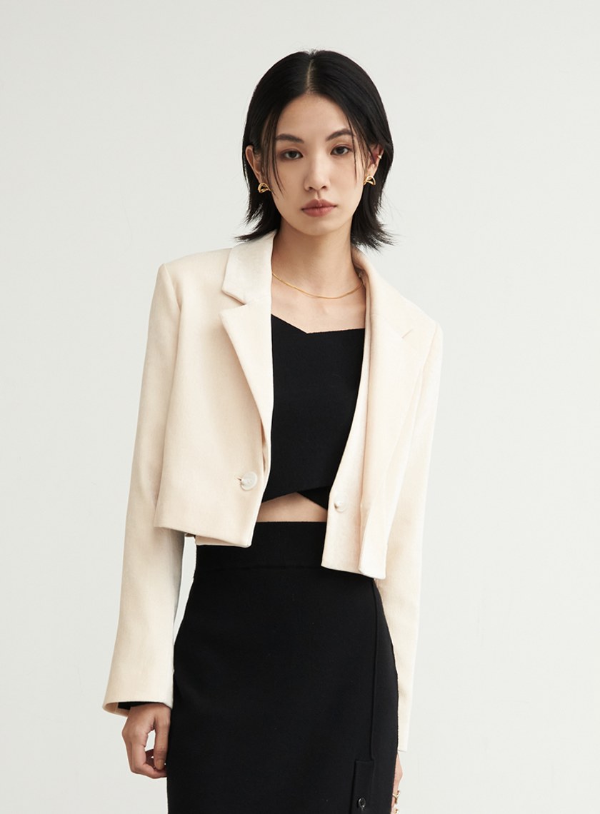 可拆領絨面短版西裝外套